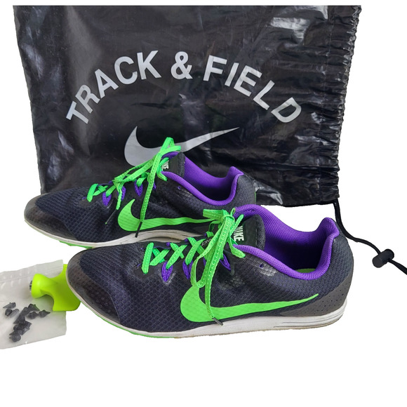 NIKE Men's Track Spikes 10.5 Black Green Purple Rival D Distance 806556 Extras - Picture 1 of 13